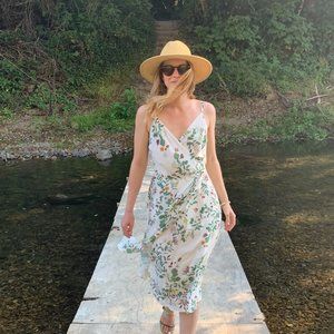 Beautiful Floral Silk Wrap Sleeveless Dress - Sustainably Made Ivory Silk XS